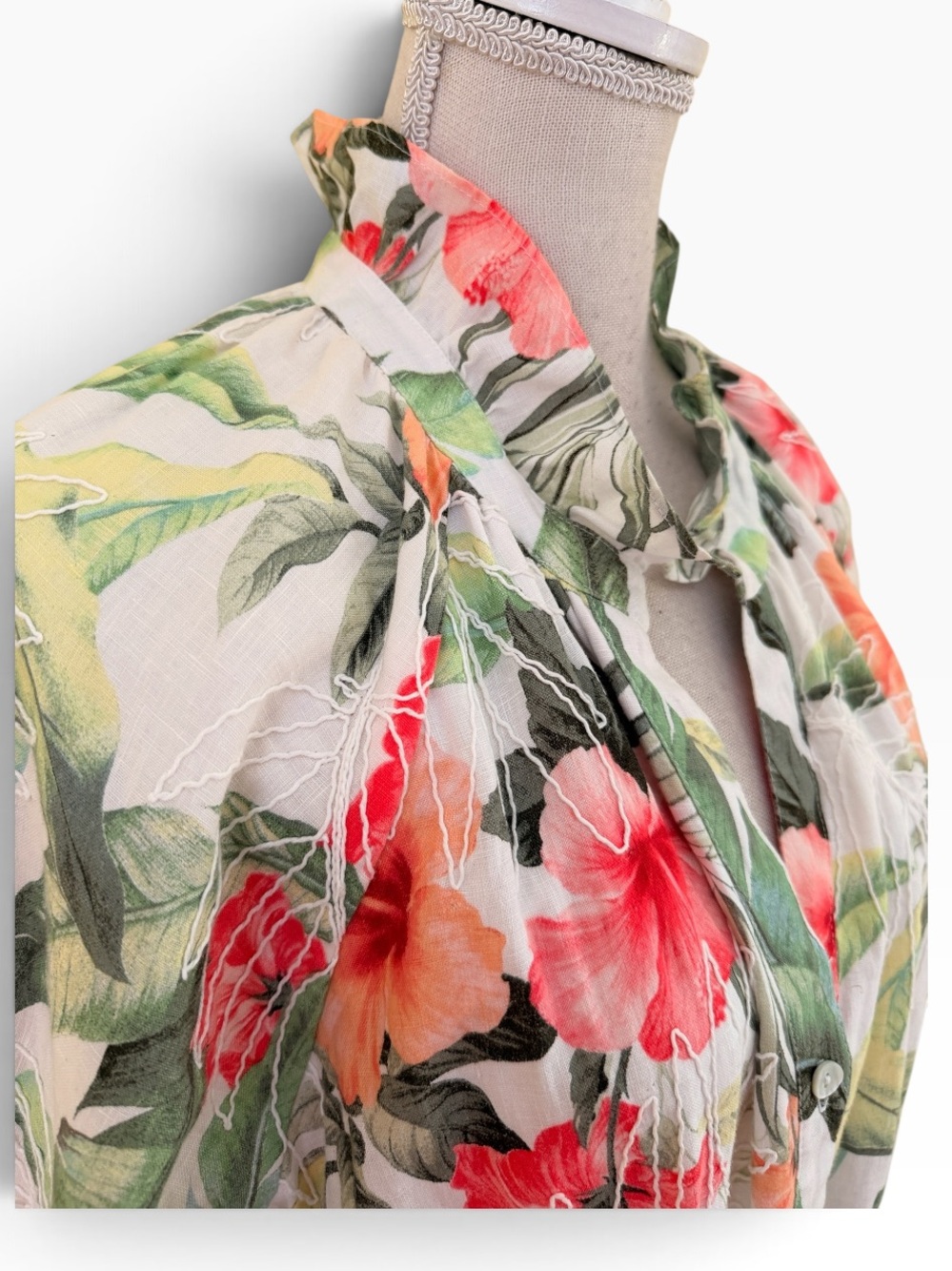 Tommy Bahama Daybreak Hibiscus" Green/Pink Floral Tiered 3/4 Sleeve Midi Dress - Picture 6 of 12